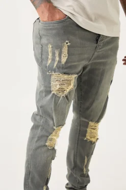Plus Super Skinny Stretch Multi Rip Stacked Jeans | BoohooMAN UK