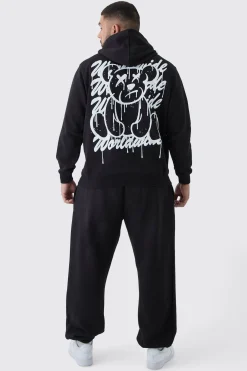 Plus Teddy Puff Print Hoodie | BoohooMAN UK