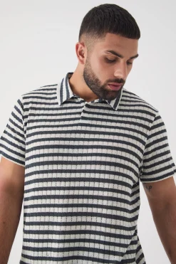 Plus Textured Stripe Polo | BoohooMAN UK