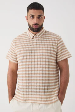 Plus Textured Stripe Polo | BoohooMAN UK