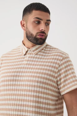 Plus Textured Stripe Polo | BoohooMAN UK