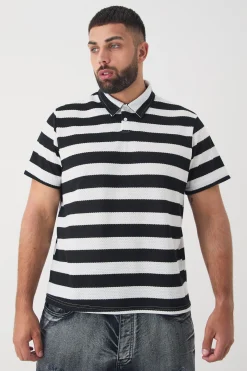 Plus Textured Stripe Polo | BoohooMAN UK
