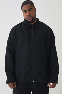 Plus Tonal Geo Smart Zip Overshirt | BoohooMAN UK