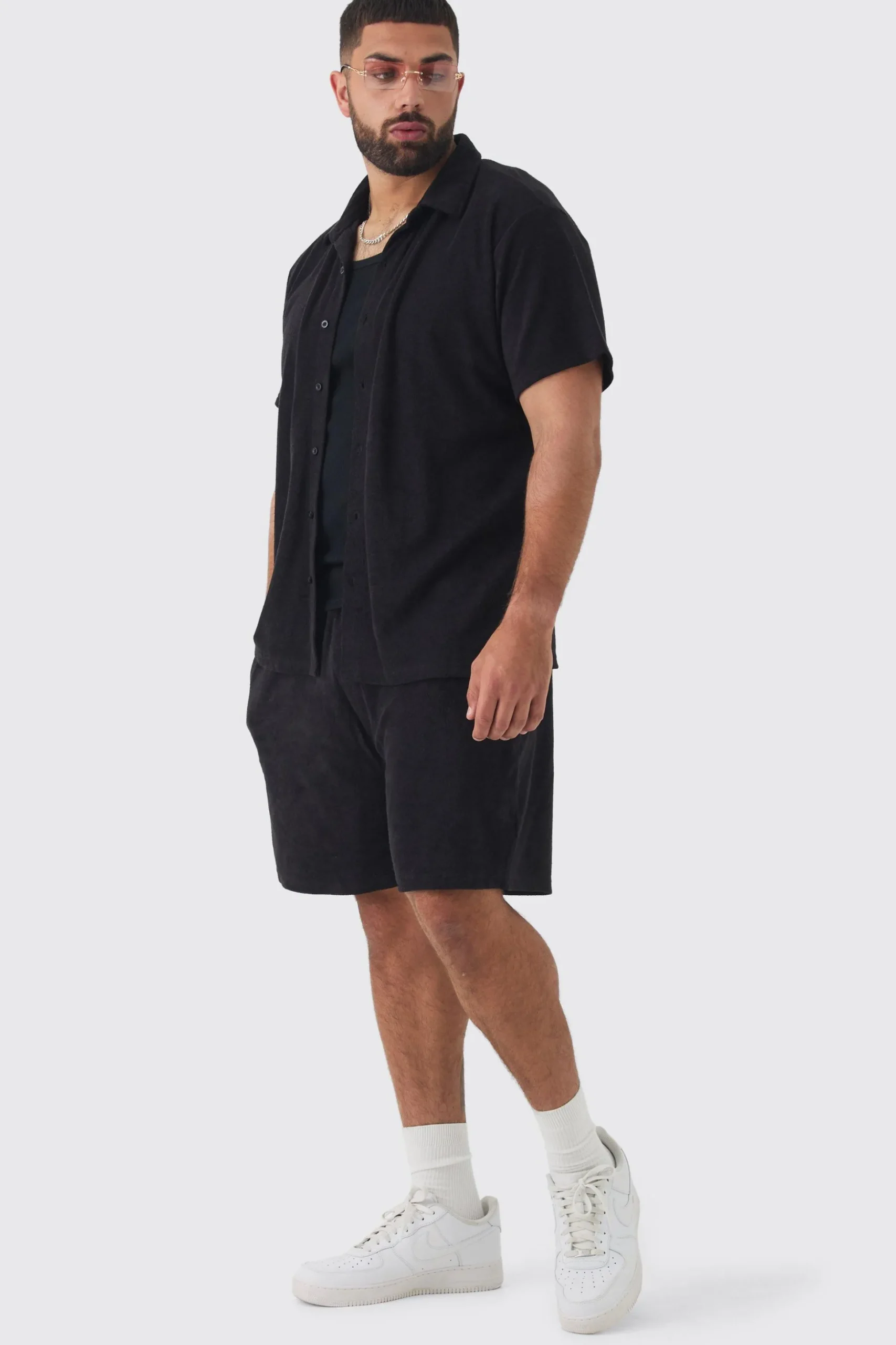 Plus Towelling Shirt & Short Set In Black | BoohooMAN UK