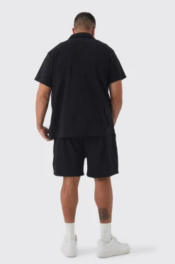Plus Towelling Shirt & Short Set In Black | BoohooMAN UK