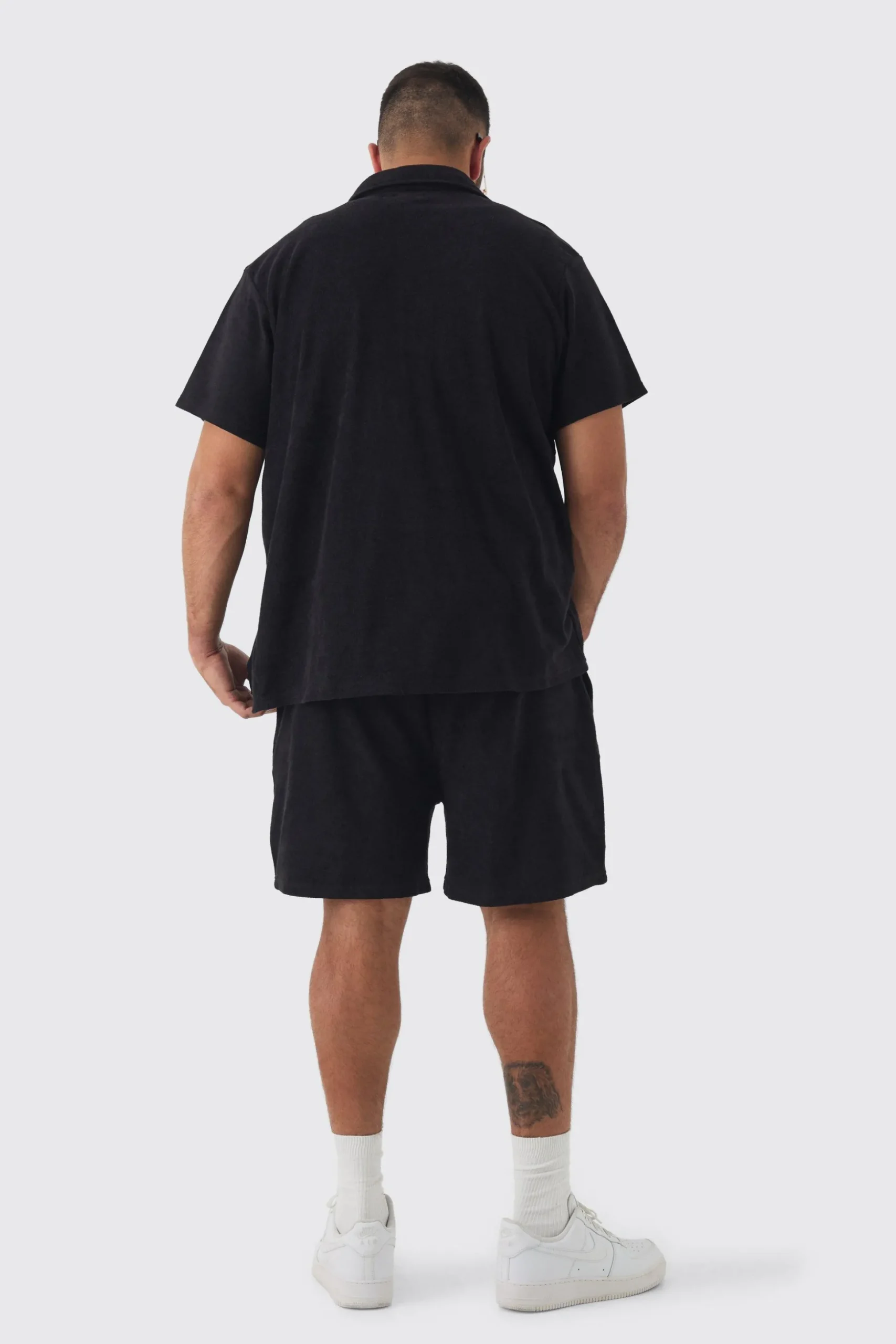 Plus Towelling Shirt & Short Set In Black | BoohooMAN UK