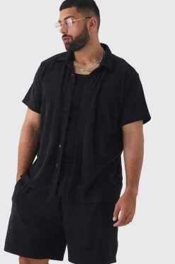 Plus Towelling Shirt & Short Set In Black | BoohooMAN UK