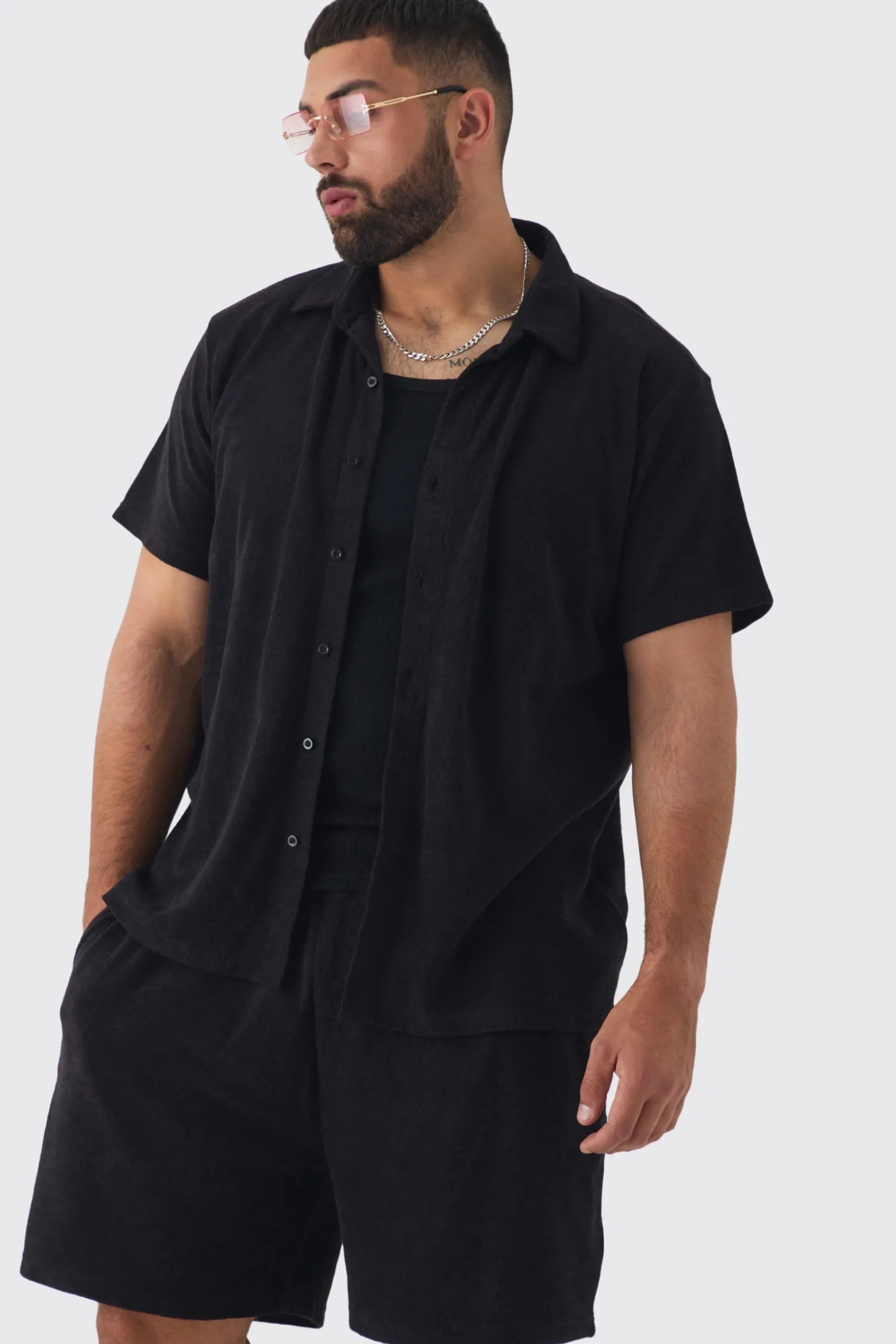 Plus Towelling Shirt & Short Set In Black | BoohooMAN UK