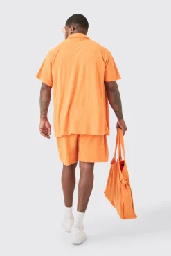 Plus Towelling Shirt & Short Set With Tote Bag | BoohooMAN UK