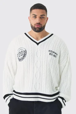 Plus V Neck Varsity Jumper | BoohooMAN UK