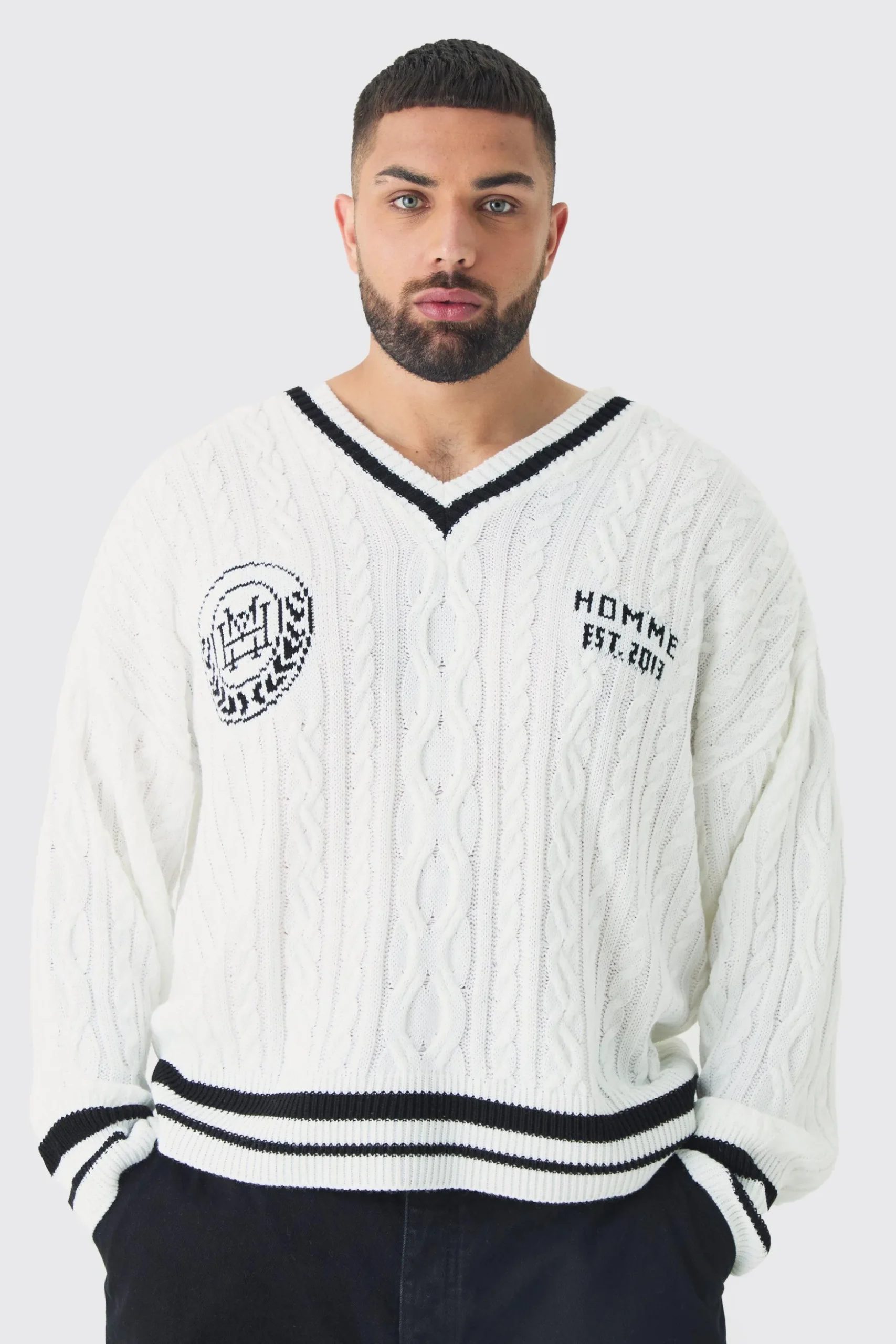 Plus V Neck Varsity Jumper | BoohooMAN UK