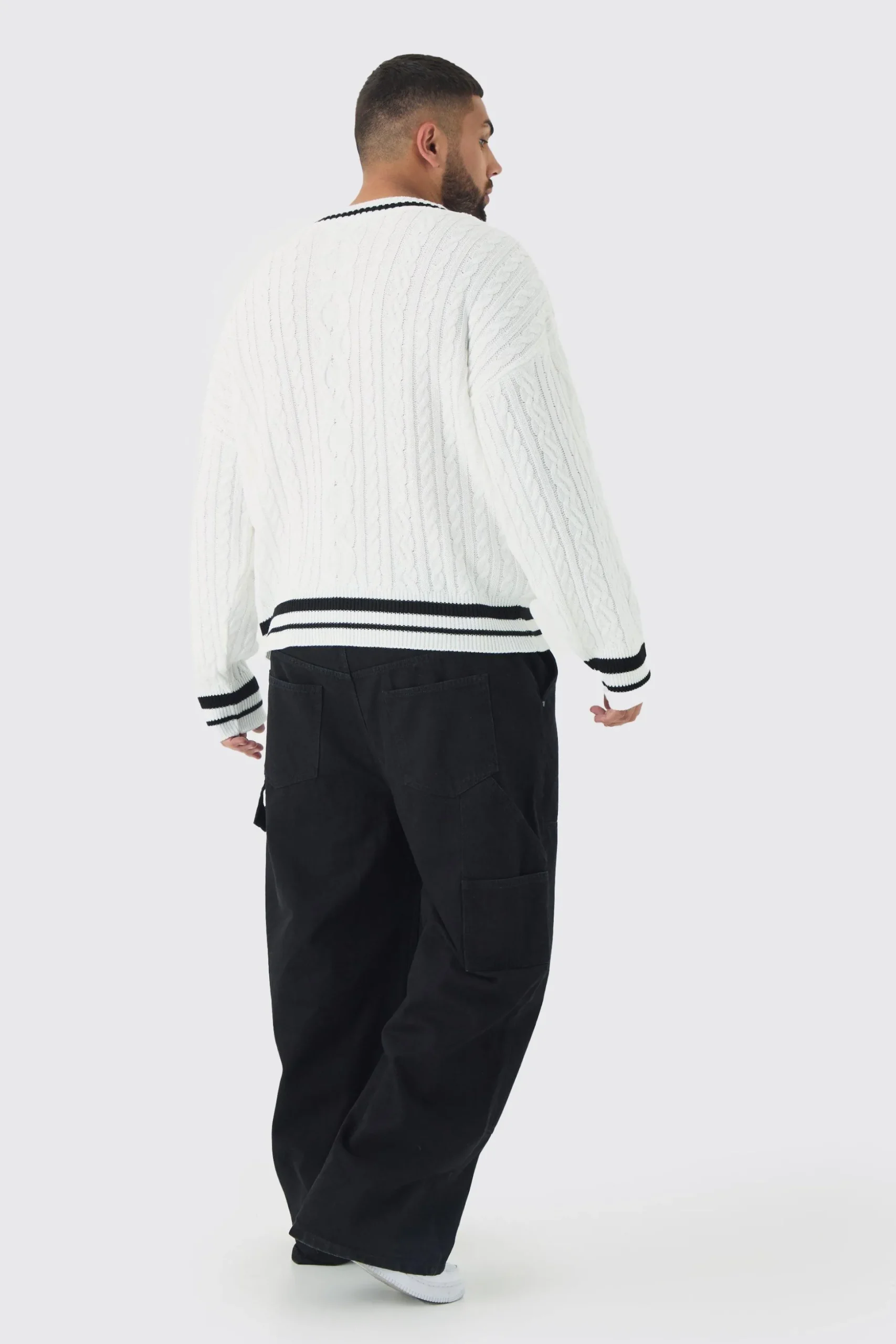 Plus V Neck Varsity Jumper | BoohooMAN UK