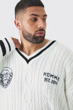 Plus V Neck Varsity Jumper | BoohooMAN UK