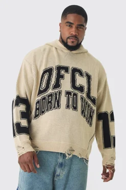 Plus Varsity Distressed Knitted Hoodie | BoohooMAN UK