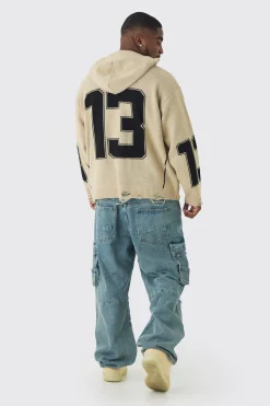 Plus Varsity Distressed Knitted Hoodie | BoohooMAN UK