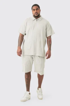 Plus Waffle Polo & Short Set | BoohooMAN UK