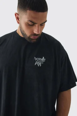 Plus Washed Floral Embroidered T-Shirt | BoohooMAN UK