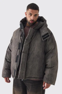 Plus Washed Hooded Puffer Jacket In Grey | BoohooMAN UK