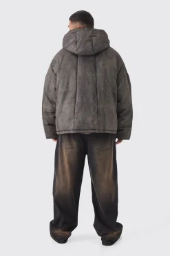 Plus Washed Hooded Puffer Jacket In Grey | BoohooMAN UK