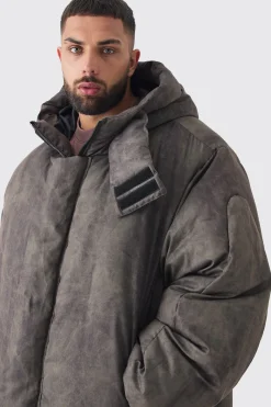 Plus Washed Hooded Puffer Jacket In Grey | BoohooMAN UK