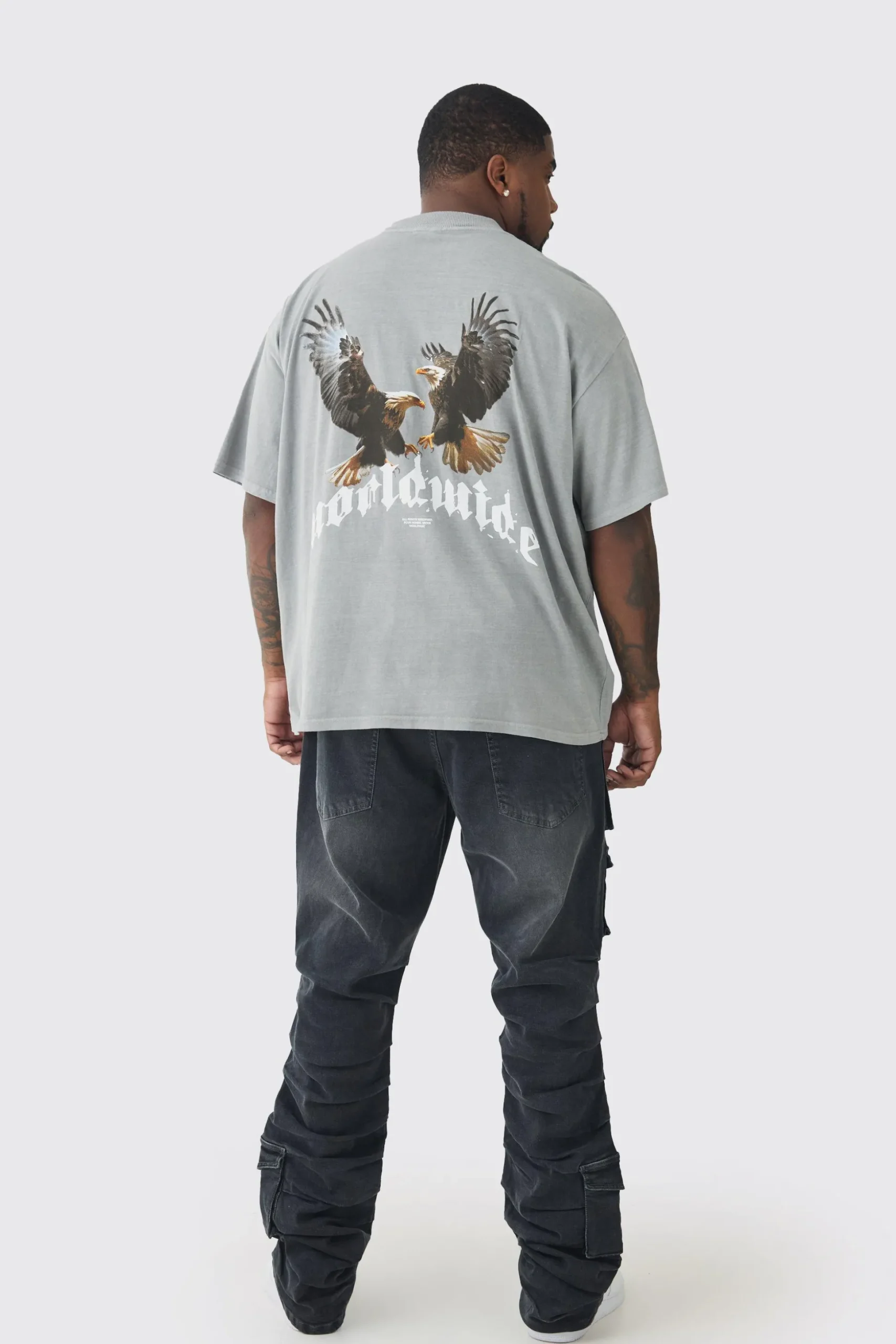 Plus Washed Oversized Extended Neck Eagle Graphic T-shirt | BoohooMAN UK