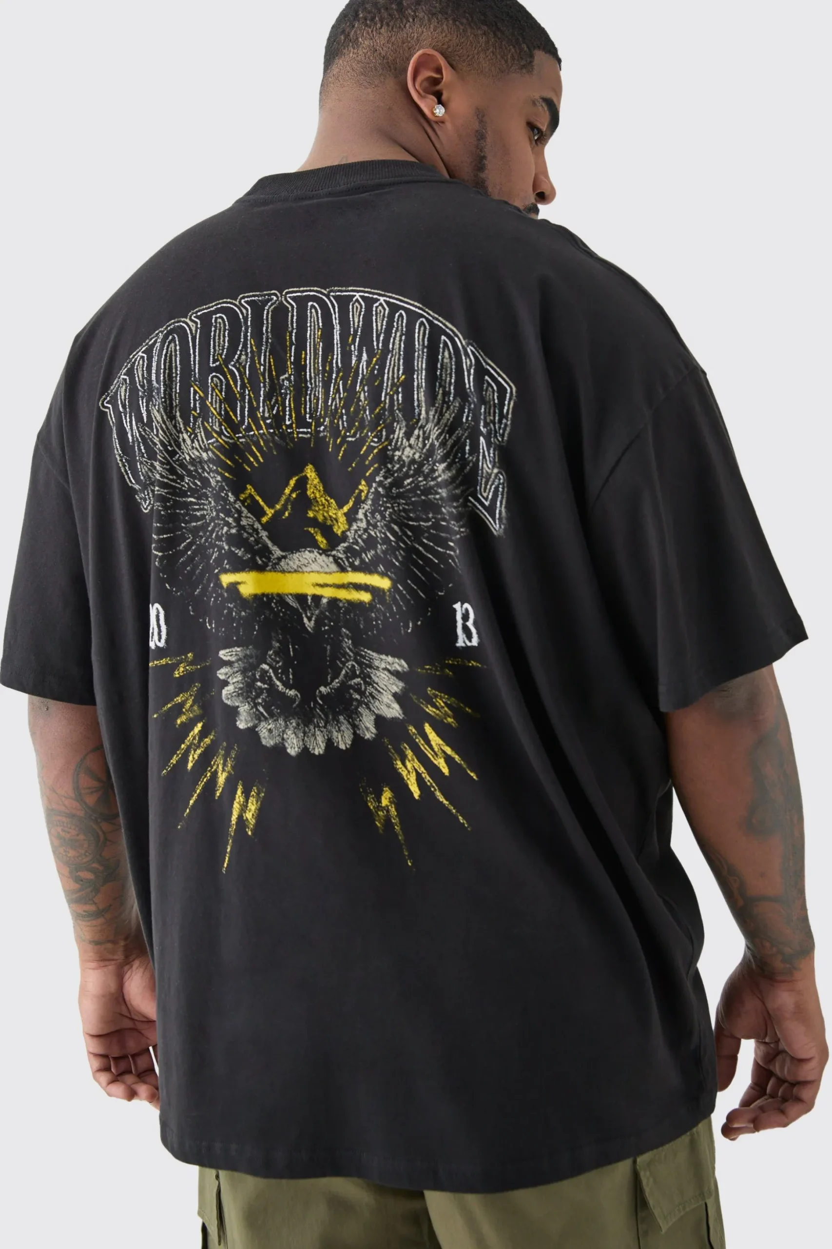 Plus Worldwide Eagle T-shirt In Black | BoohooMAN UK