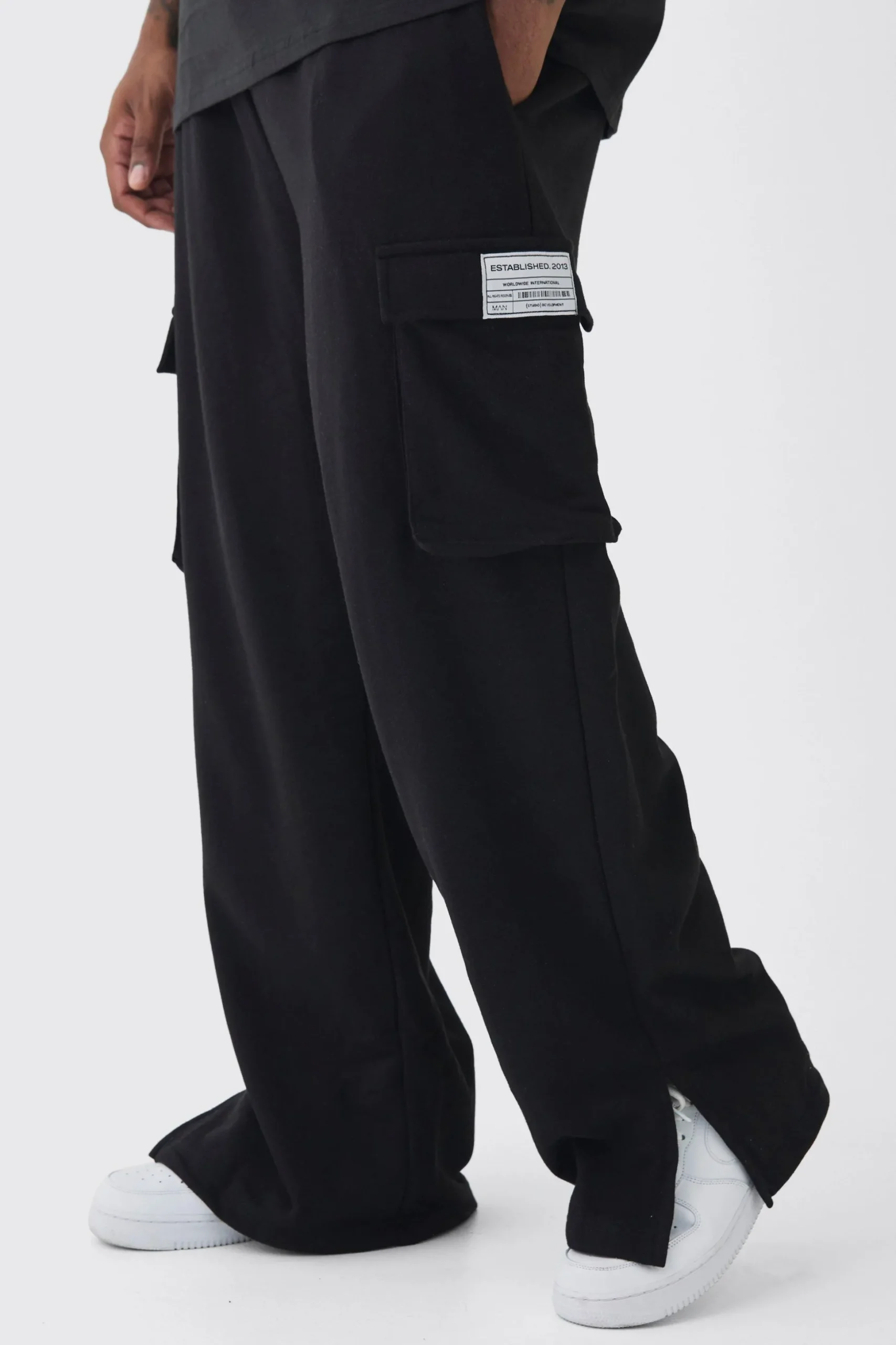 Plus Woven Tab Split Hem Relaxed Cargo Joggers | BoohooMAN UK