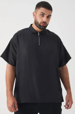 Plus Zip Up Linen Polo In Black | BoohooMAN UK