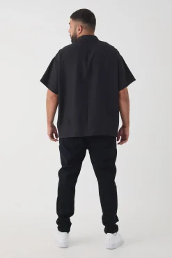 Plus Zip Up Linen Polo In Black | BoohooMAN UK