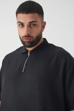 Plus Zip Up Linen Polo In Black | BoohooMAN UK