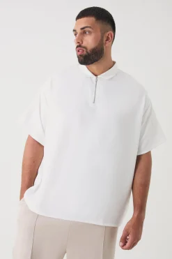 Plus Zip Up Linen Polo In White | BoohooMAN UK