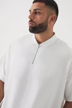 Plus Zip Up Linen Polo In White | BoohooMAN UK