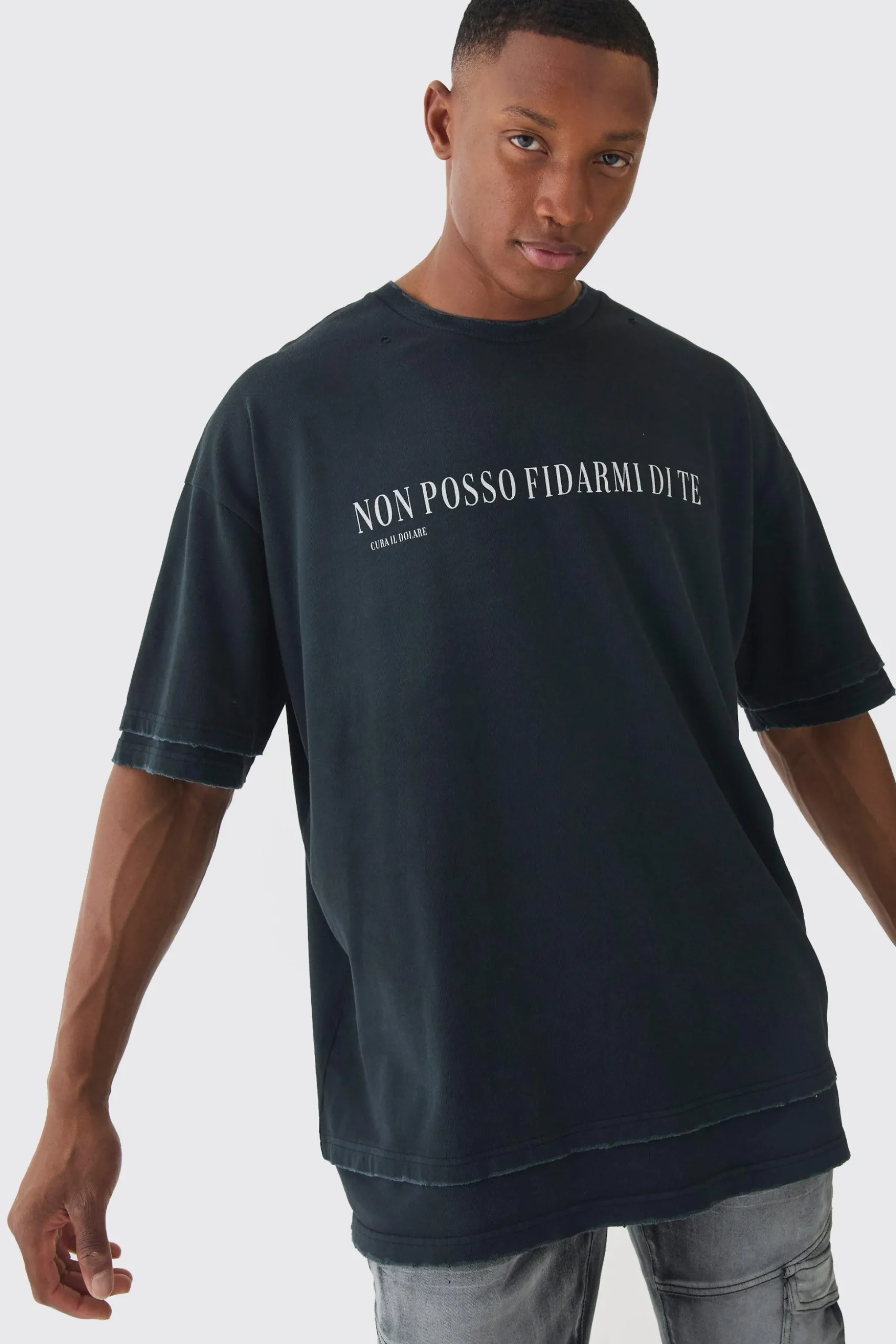 Premium Oversized Faux Layer Washed & Embroidered T-shirt | BoohooMAN UK