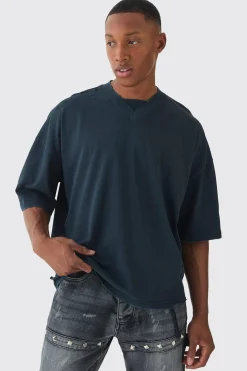 Premium Oversized V Neck Dropped Shoulder Top Stitched Washed T-shirt | BoohooMAN UK