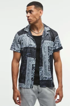 Printed Satin Revere Short Sleeve Shirt | BoohooMAN UK