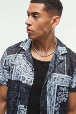 Printed Satin Revere Short Sleeve Shirt | BoohooMAN UK