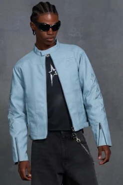 P-Star Boxy Faux Leather Panelled MOTO Jacket | BoohooMAN UK
