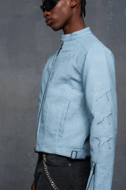 P-Star Boxy Faux Leather Panelled MOTO Jacket | BoohooMAN UK