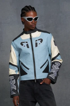 P-Star Boxy Faux Leather Panelled Moto Jacket | BoohooMAN UK