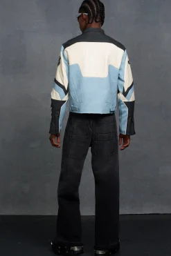 P-Star Boxy Faux Leather Panelled Moto Jacket | BoohooMAN UK