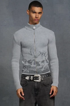 P-Star Muscle Fit Acid Wash Rib Knit Skull Print Jumper | BoohooMAN UK
