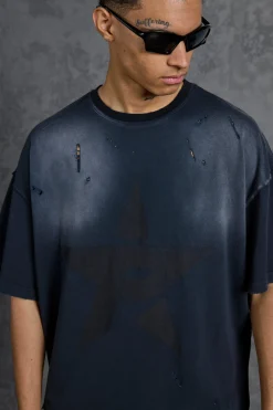 P-Star Oversized Boxy Washed T-Shirt With Star Print | BoohooMAN UK