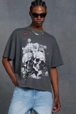 P-Star Oversized Boxy Washed T-Shirt With Skull Print | BoohooMAN UK