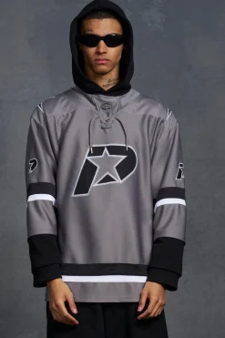 P-Star Oversized Hooded Hockey Jersey With Applique | BoohooMAN UK