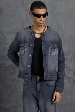 P-Star Regular Fit Boxy Collarless Denim Jacket | BoohooMAN UK