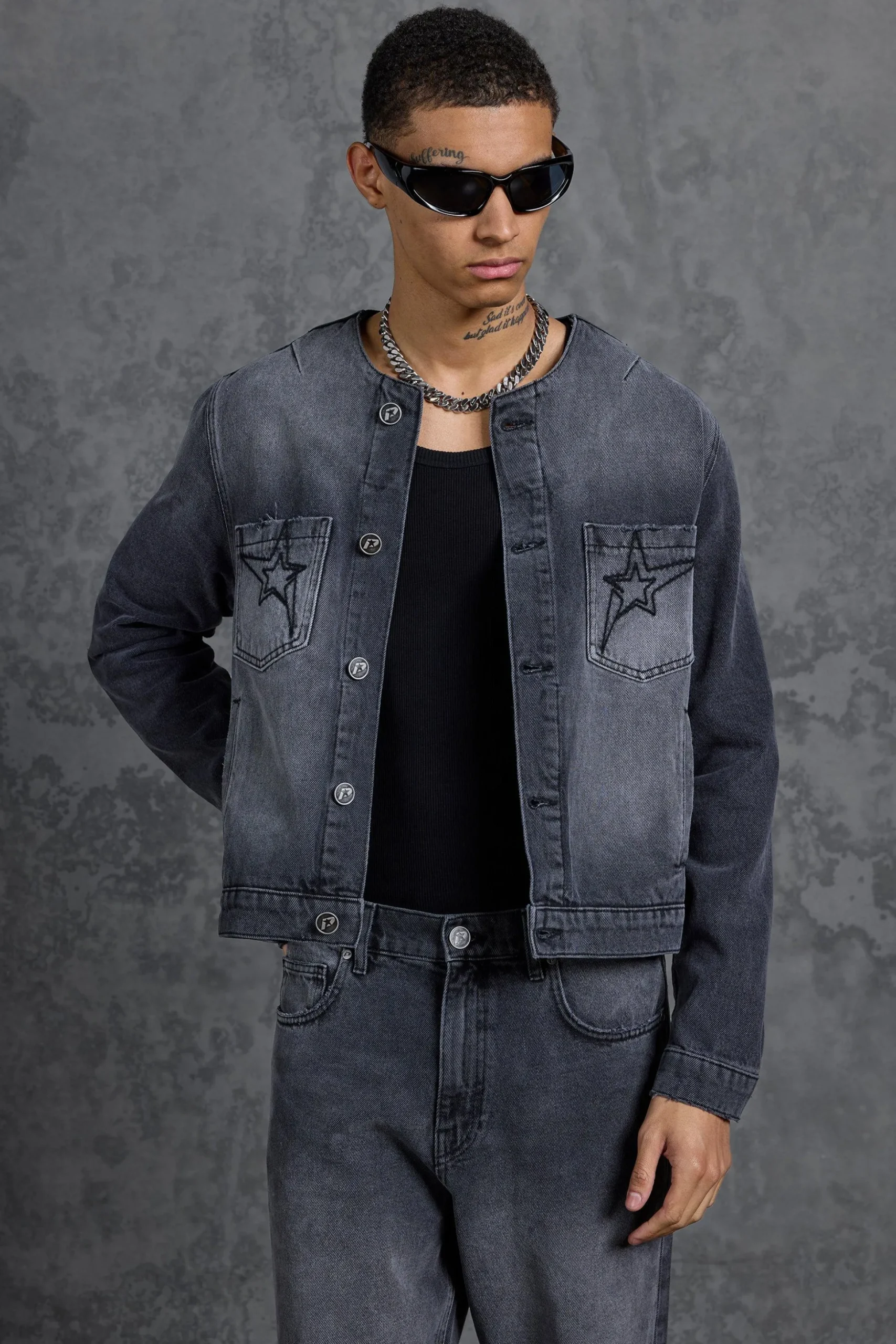 P-Star Regular Fit Boxy Collarless Denim Jacket | BoohooMAN UK