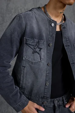 P-Star Regular Fit Boxy Collarless Denim Jacket | BoohooMAN UK
