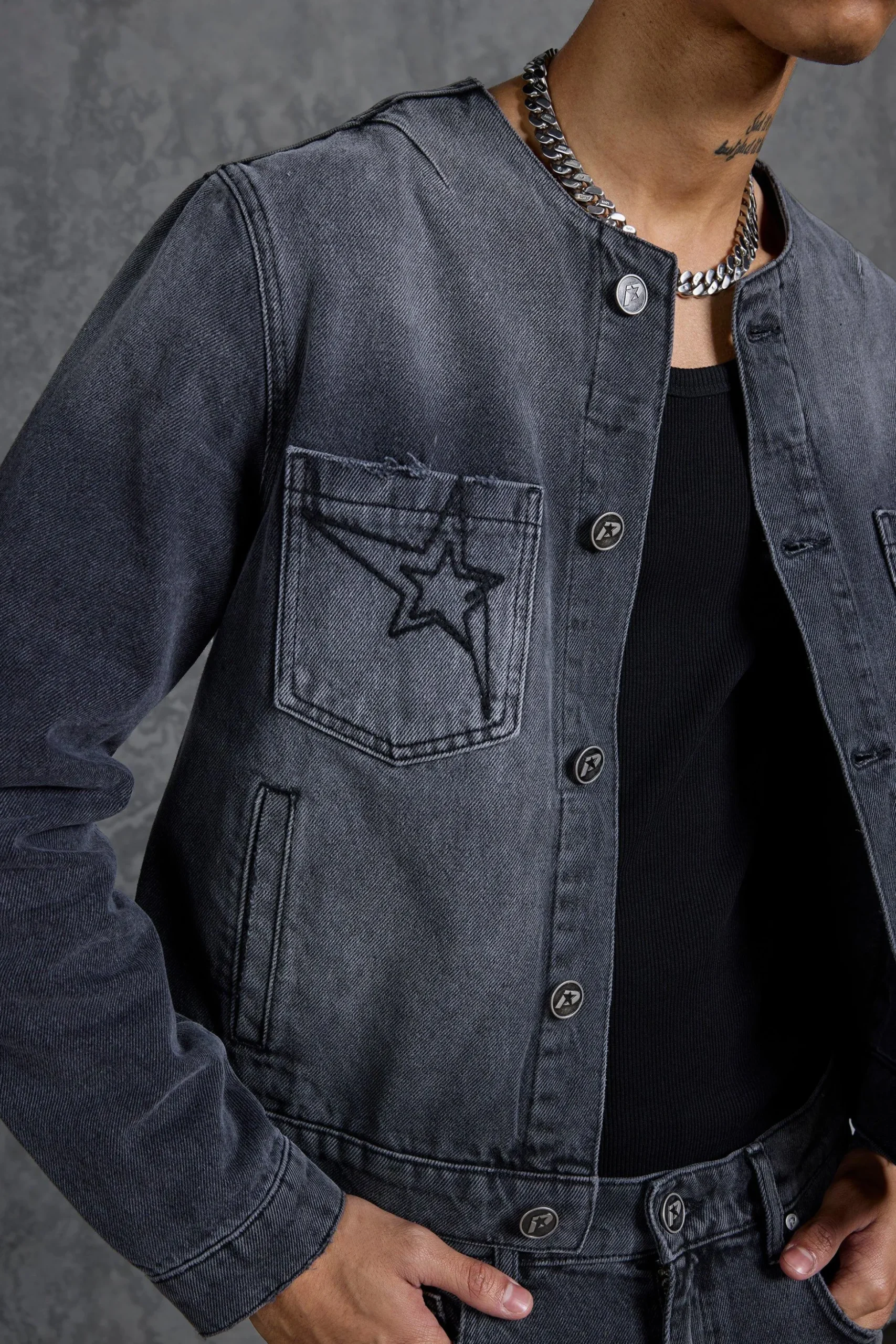 P-Star Regular Fit Boxy Collarless Denim Jacket | BoohooMAN UK
