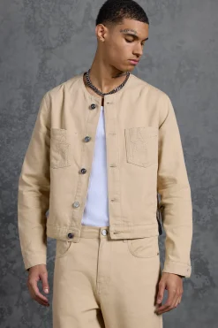 P-Star Regular Fit Boxy Collarless Denim Jacket | BoohooMAN UK