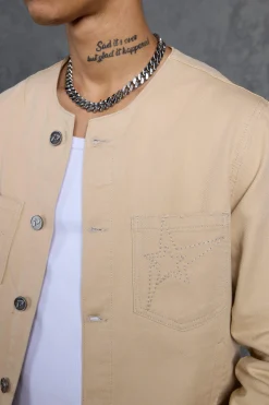 P-Star Regular Fit Boxy Collarless Denim Jacket | BoohooMAN UK